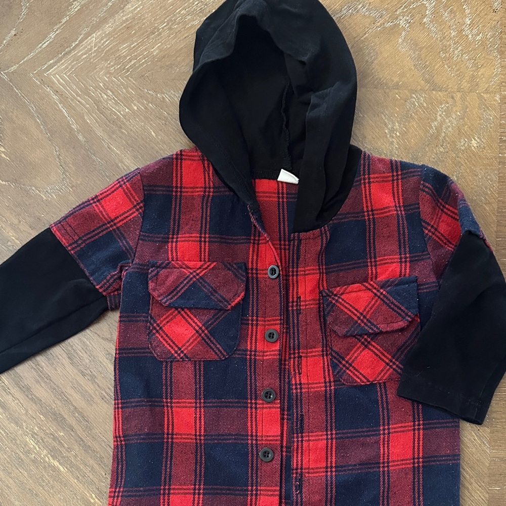 Red & Navy Plaid Hooded Button-Up Shirt Jacket